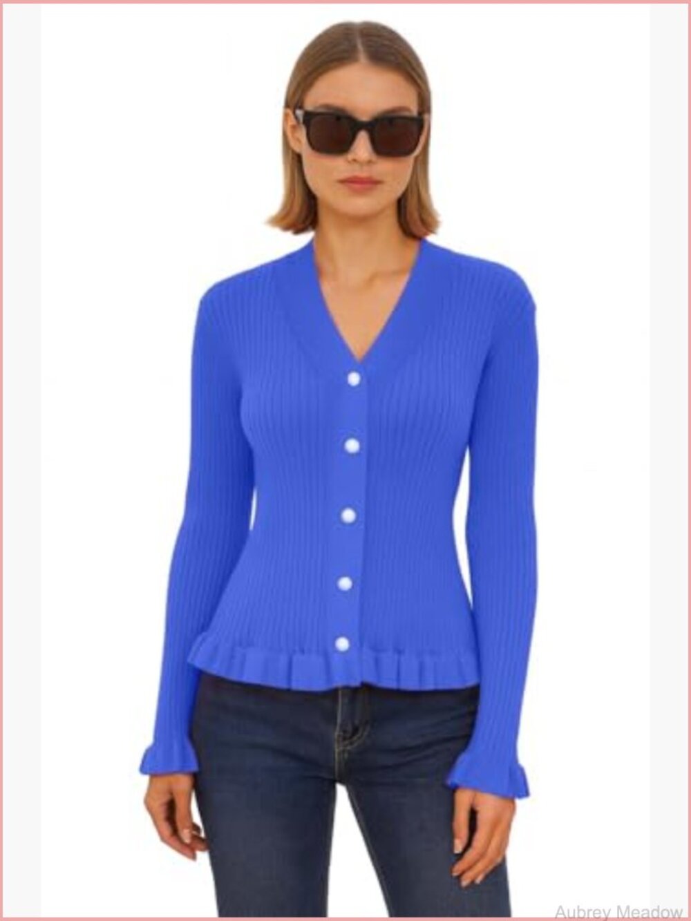Ruffled Trim Ribbed Knit V-Neck Pearl Button Cardigan - Picture 2 of 7